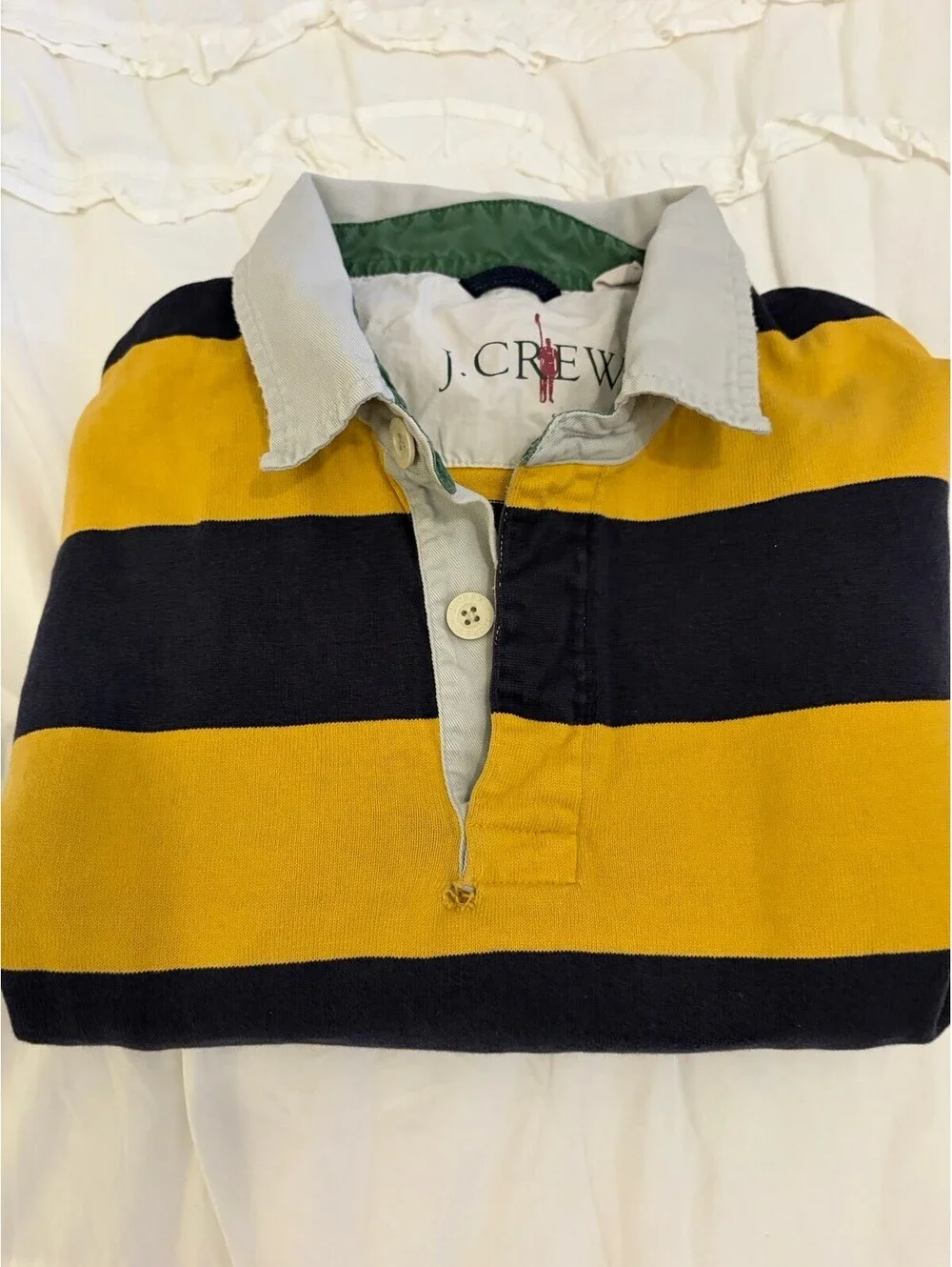 Vintage 90s J Crew Rugby Shirt Men's XLT Blue Yellow Striped Faded Well Worn